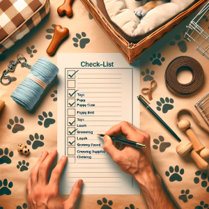 A thoroughly detailed check-list lying on a table with a paw-print motif, topped with items essential for a new puppy's arrival at home. The list should include a puppy crate, toys, a comfortable dog bed, leash, puppy food, grooming supplies, and chewing deterrents. Surround this scene with a warm color scheme to create an atmosphere of comfort and welcome. Depict a pair of hands ticking off the items on the check-list, symbolizing the act of preparation.