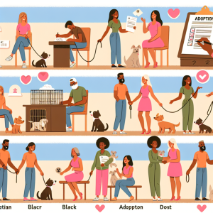 An illustration portraying the process of adopting a dog: Step-by-step. The scene shows a diverse set of people, with individuals of different gender and descents like Caucasian, Hispanic, Black, Middle-Eastern and South Asian, engaged in different stages of the process. This includes filling out adoption papers at a shelter, handing over payment, and the joyful first days at home with the adopted dog. It would be helpful to show the range of costs associated with adoption through visual metaphors such as price tags and checklists, all with comforting and warm colors.