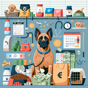 Increase the visual appeal of an article about the cost of dog upkeep in Poland in 2025. Illustrate the actual budget, including monthly and annual expenses, ranging from dog food to veterinary costs. The image should show a variety of items associated with dog care costs, such as a bag of high-quality dog food, a dog collar and lead, a dog bed, toys, a vet's office, and a calendar showing the year 2025. Also, include a Polish złoty symbol to symbolize expenses.
