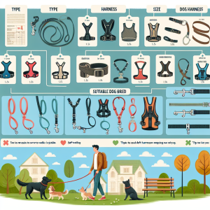 A detailed guide on how to choose the right leash and harness for a dog: types, sizes, and tips to make walks even more enjoyable. The image should feature a variety of different harnesses and leashes suitably categorized by type, material, suitable dog breed and size. Illustrate the features each type offers. Add a small captioned tip box that highlights several useful tips for readers to follow when selecting the best items for their pets. This could be something as simple as a short checklist, a diagram displaying how to measure a dog, or tips for safe walk times depending on harness type. Let the background be a calming park scene to invoke the joy of dog walks.