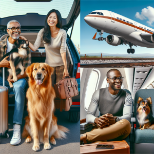 A joyful and stress-free travel scenario featuring a dog and its owner. The scene is split into three sections. In the first, the owner, a middle-aged South Asian woman, and a golden retriever are taking a road trip in a comfortable modern car, their luggage stacked up in the boot. The second section portrays a black middle-aged man waiting at a train station with an Alsatian dog, both looking excited and ready to embark on their journey. The last section shows an airplane soaring in the sky, the interior view reveals a young East-Asian man seated comfortably onboard with a small Jack Russell Terrier lounging on his lap. Each section highlights necessary travel accessories and documents, while the overall image reflects mutual companionship and stress-free travel procedures.