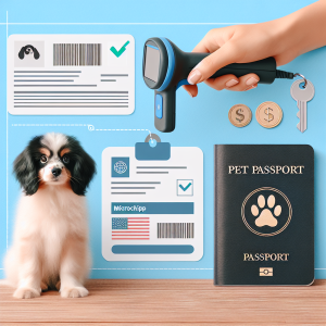 Create an informative image for an article detailing the process of microchipping a dog and acquiring a pet passport. The picture should include a hand-held microchip scanner near a dog, a generic pet passport, and a price tag to indicate the cost. Display these in an aesthetically pleasing and reader-friendly manner, giving an easy-to-digest visual representation of the topic.