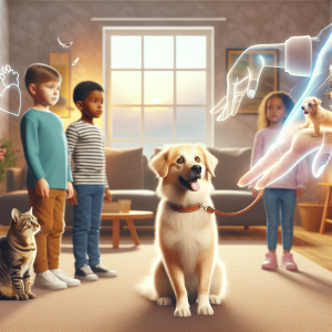 Visualize a gentle, step-by-step guide to introducing a dog into a home with children or another pet. Picture a warmly lit, welcoming living room. In the center, there is a new, affectionate dog with soft fur, a wagging tail, expressing curiosity and friendly demeanor. Nearby, there are cautious, yet excited children of diverse descents observing their new pet. An older pet, perhaps a tabby cat, looks on from a distance, appearing curious and slightly apprehensive. To illustrate the steps, visualize ghost-like, transparent hands showing a leash or a soothing hand gesture towards the new dog.
