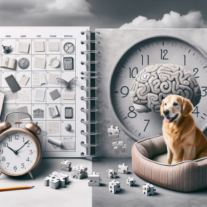 Create an image symbolizing the daily organization of a lifestyle in a block apartment, with a focus on calming a dog and everyday mental exercises. An open planner filled with handwritten notes and a clock emphasizing the concept of time should form the scenery. The centerpiece of the image is a calm, obedient dog of Golden Retriever breed sitting on a pet bed. Also, incorporate simple brain teaser puzzles scattered near the dog, to signify the mental exercises. All elements should be arranged harmoniously, portraying a balanced urban lifestyle with a pet.