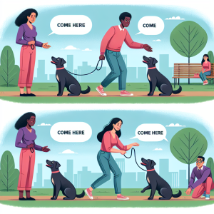 Illustration representing the step-by-step process of a successful dog training session, encompassing three stages of calling the dog to come. First stage is an introduction where a trainer, a middle-aged Hispanic woman, is shown in a park with the dog, presumably teaching the command. Second stage showcases a progression of the technique with the trainer, now an older Black man, repeatedly practicing 'come here' with the dog. Third stage portrays the successful implementation of the command with a young Caucasian woman trainer and the dog obediently following her call.