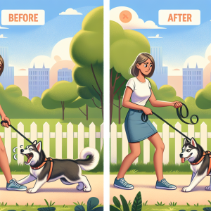 An illustration for a pet training article, depicting a before and after scenario. In the first part, show a Siberian Husky dog stubbornly pulling a frustrated Caucasian female dog owner, who is struggling to maintain balance, her leash stretched taut. The environment is a sunlit urban park with greenery and a walking path. In the second part, show the same owner, looking relaxed and smiling, leisurely walking the same Husky who is now obediently following her by her side, the leash is slack. Include visual aids, like a highlighted correct leash holding method and a recommended harness.