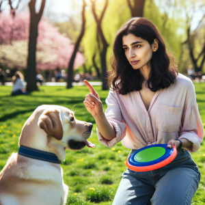 Picture this: A dog trainer, a woman of Middle-Eastern descent, is in a park on a sunny day. In front of her, a Labrador Retriever is intently focused on a brightly colored Frisbee in her hand. She signals with her other hand and commands 'Drop it' in a firm voice. The dog obediently drops the Frisbee onto the vibrant green grass, showing a situation scenario about the process of teaching a dog commands 'Leave it' and 'Drop it'. The background is filled with trees in full bloom and other park-goers enjoying the day.