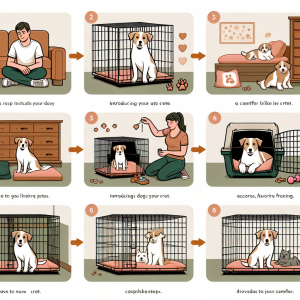A step-by-step guide to introducing dogs to crate training without stress. The image should include a series of illustrations displaying the different stages of the process, starting from a comfortable crate set up in the dog's living area and a cautious dog observing it. Gradually, depict the dog becoming more accustomed to it until it is resting peacefully inside the crate. Accessories like favorite toys or bedding materials are added for comfort. Additionally, it should show a caring owner providing rewards and treats to the dog during each phase, thus promoting a positive association with the crate.