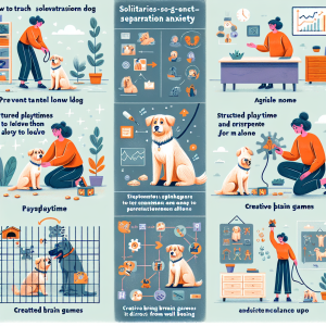 An in-depth, illustrated guide on dog training: How to teach solitariness to a dog and prevent separation anxiety — step by step plan. The image should depict various scenes, such as a trainer (a Caucasian woman) demonstrating patience and care to liven up a lonely dog, structured playtime to keep the dog engaged when alone, creative brain games to distract from isolation, and an environment adapted to canine well-being. The charts or infographics demonstrating steps to alleviate separation anxiety might also be included, along with the dog feeling comfortable in its alone time.