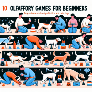 An engaging, interactive image capturing the essence of olfactory games for beginners. Display 10 different easy at-home activities designed to tire and calm dogs. Each activity should be clearly numbered and spread out in a visual arrangement. Depict a variety of dogs of different breeds and sizes engaging in sniffing-oriented exercises, with human trainers assisting them. The humans could be of diverse genders and descents, like Caucasian, Black, Middle-Eastern, Hispanic, and South Asian. The overall tone should be playful yet soothing, reflecting the calming and tiring effect these games have on dogs.