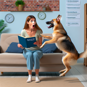 Create an image that represents the following: A pet dog of a breed like a German Shepherd or Labrador jumping excitedly on a surprised Caucasian woman in casual clothes. The background can include a home setting, like a living room, with a brown couch, a coffee table and a houseplant. In the foreground, could be a blue book titled 'Behavior Modification Techniques for Dogs', suggesting ways to change this behavior. The image should reflect a mild, effective and proven way to stop the dog's jumping habit.