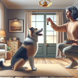 Generate an image depicting a step-by-step plan for modifying a dog's behaviour. Picture a dog of mixed breed, eagerly wagging its tail and standing near a door with a golden bell hang. On the other side, a middle-aged Hispanic woman is gesturing the dog to sit calmly, with dog treats in her hand, symbolizing positive reinforcement. The surrounding setting should be a cozy living room, with a sofa set to the side, a fireplace, and a rug on the floor. The room is softly lit with warm lights, creating a peaceful training environment.