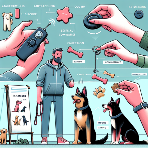Create an image representing the fundamentals of clicker training: showing the essential equipment such as a hand-held clicker and dog treats, demonstrating basic commands with a dog reacting attentively to the clicker sound, and displaying the most common mistakes, such as inconsistency in cues or improper timing. Make it clear that the setting is a training session with a diverse group of dogs and trainers of various genders and descents.