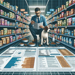 An educational visual guide on 'How to choose dog food: Reading labels and ingredients like an expert'. This visualization showcases a detailed comparison of various dog food labels, focusing on nutrition facts, ingredient lists and quality markers. It also portrays a professional, possibly a veterinarian or nutritionist, studying the labels intensely. The scene is set in a well-lit pet store with aisles packed with diverse brands of dog food.