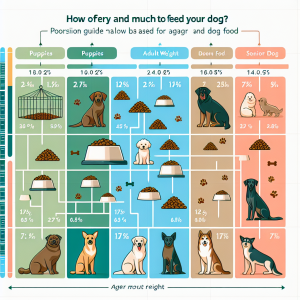 A visually appealing graphic showing different proportions of dog food according to age and weight. The image should have distinguishable sections for various age categories like puppies, adult dogs, and senior dogs. Along with this, include a scale or slider depicting weight ranges. Each intersection between age and weight should indicate an appropriate portion size for dog food. Illustrate some common dog breeds in the background to add interest. Please also include a title at the top stating, 'How often and how much to feed your dog? Portion guide based on age and weight.'