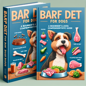 A comprehensive introductory guide book cover on the BARF diet for dogs, meticulously designed and crafted for easy understanding. The guide book cover exhibits a prominent title 'BARF Diet for Dogs: A Beginner's Comprehensive Guide' displayed in bold. It includes step by step illustrations of balancing meals on one side. On the other side, there's an image of a healthy, shiny-furred dog of any breed, enthusiastically eating. Ideally, the image of dog food consists of raw bones, sliced raw meat and fresh fruits, and veggies, the main components of BARF diet.