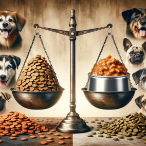 A conceptual image representing the comparison between dry and wet dog food: the image is divided in halves; on one side, a heap of dry, crunchy, kibble dog food in earthy tones; on the other side, a serving of wet, canned dog food in a shiny silver dish, with an obvious gravy gloss and a variety in texture. In the center, a balance scale reflecting both foods in equilibrium, representing the question of which is better for your dog. To depict inclusiveness, include a diverse array of dog breeds eagerly waiting in the background, their eyes focused on the food, showing anticipation and interest.