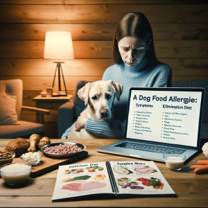 A comprehensive guide for dog food allergies: Symptoms, elimination diet, and sample menu – a practical handbook. The image should display a worried dog parent looking at a list of symptoms related to food allergies available on her laptop. There should also be an example of a modified diet plan laid out on the table next to the laptop, including different types of dog-safe foods like boiled chicken, rice, and vegetables. The setting should feel intimate with a sombre mood, reflecting the seriousness of the subject matter, yet filled with hope for a healthier, happy dog.