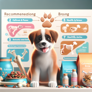 An informative and engaging visualization for an article about the nutrition of large breed puppies. Show the elements of calcium and phosphorus and their important roles in growth rates, as well as how they contribute to healthy bones and joints. Maybe display a selection of recommended dog food along with a cute, happy, large breed puppy. Let's also see some strong bones and flexible joints represented. The scene should be welcoming, cheerful, and educational, aiming to provide useful information for pet owners.