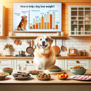 A step-by-step guide about how to help a dog lose weight: featuring prominently in the foreground, a table with balanced dog food portions, a thoughtful display of healthy dog treats, and a visual chart indicating calorie counts. As an interesting detail, a pleased, slightly overweight dog observing the presentation attentively. Set against a bright cosy kitchen background with warm hues, emanating a reassuring and informative atmosphere about canine health and weight loss.