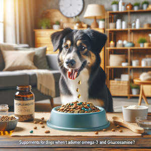 A high-quality image of a dog enjoying its meal in a pet bowl filled with healthy dog food, supplements like Omega-3 and glucosamine sprinkled visibly on top. The surrounding scene sets in a cozy home environment with a caption at the bottom of the image that reads 'Supplements for Dogs: When to Administer Omega-3 and Glucosamine?'. The dog showcased could be of any breed, but must look visibly healthy and content, signifying the benefits of the supplements.