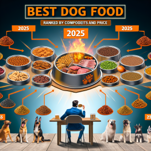 An image depicting the concept of the best dog food for 2025 ranked by components and price. Picture a variety of nutritionally balanced and appealing dog food types on a table, which are ranked in ascending order basis price and ingredients. Add labels mentioning '2025', 'best dog food', 'ranked by components and price', creating a suggestive sense of quality, affordability, and healthy ingredients for dogs. In the background, also show some dog breeds of different descents joyfully eating or waiting for their food, symbolising a positive review and recommendation.
