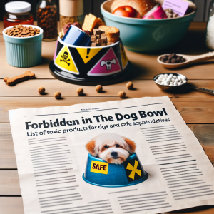 An article header featuring a dog bowl filled with a variety of food items labeled as toxic for dogs in bright warning colors, alongside a separate dog bowl filled with labeled, safe alternatives. The safe bowl should be glowing with a comforting light to emphasize its safety. The image should be placed on a wooden table with an attached note citing the title 'Forbidden in the dog bowl: List of toxic products for dogs and safe substitutes'. Setting should be a cozy home environment to make the readers feel at ease while reading the critical information.